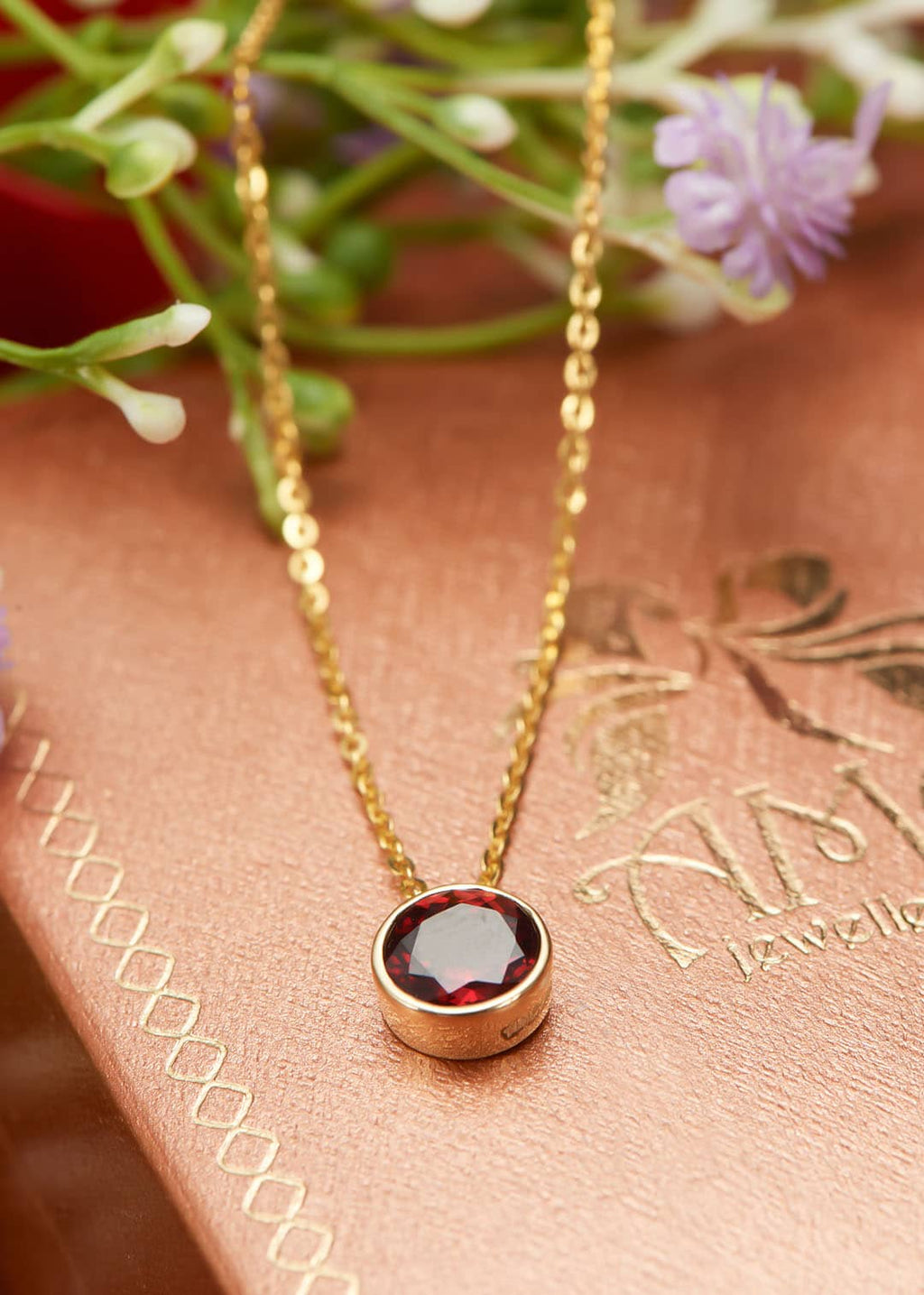 Mặt dây Vàng 14K Đá quý tự nhiên Red Garnet Solitaire Bezel Pendant in 14K Yellow Gold by AME Jewellery