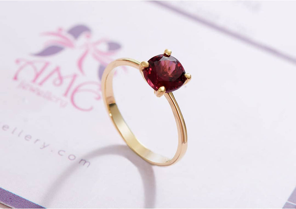 Nhẫn Vàng 14K Đá quý thiên nhiên Garnet Solitaire Gold Ring AME Jewellery