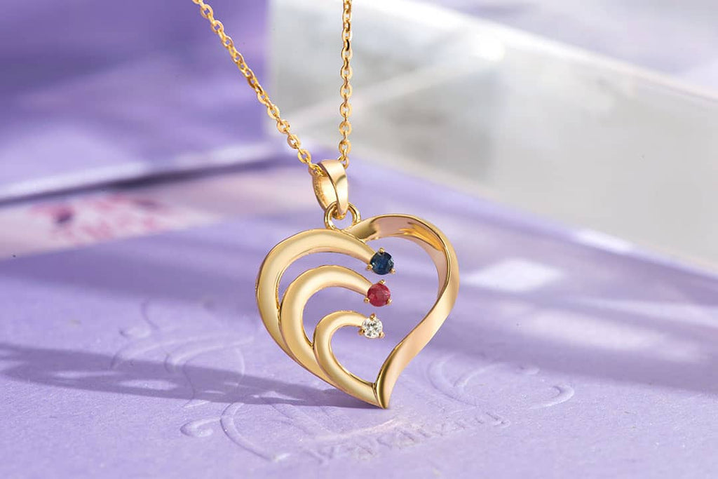 Mặt dây trái tim Vàng Đá quý tự nhiên Diamond Ruby Sapphire Family Heart Pendant Necklace in 14K Yellow Gold by AME Jewellery