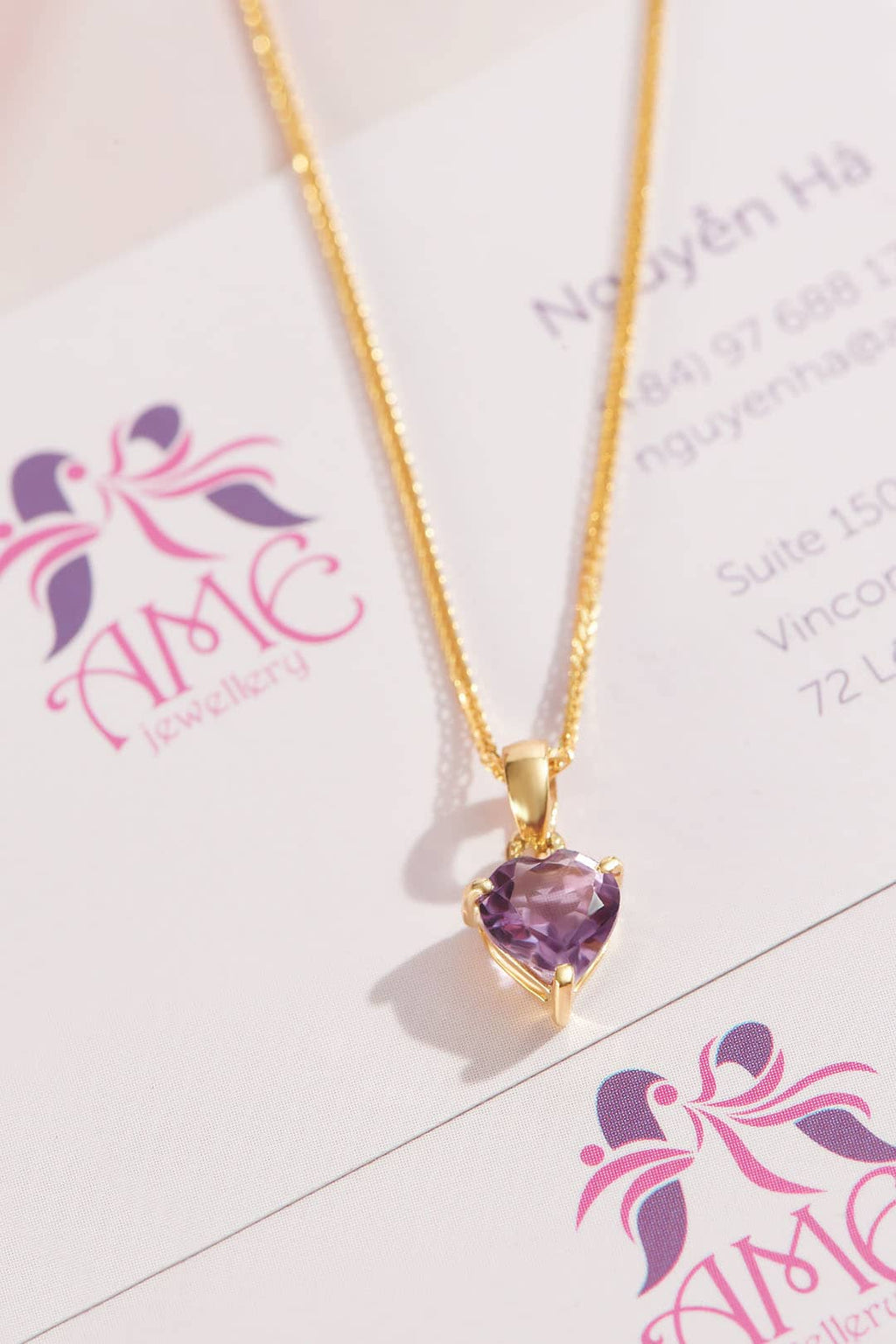 Mặt dây chuyền Vàng Đá quý thiên nhiên Heart-cut Amethyst Pendant Necklace 14K Yellow Gold by AME Jewellery