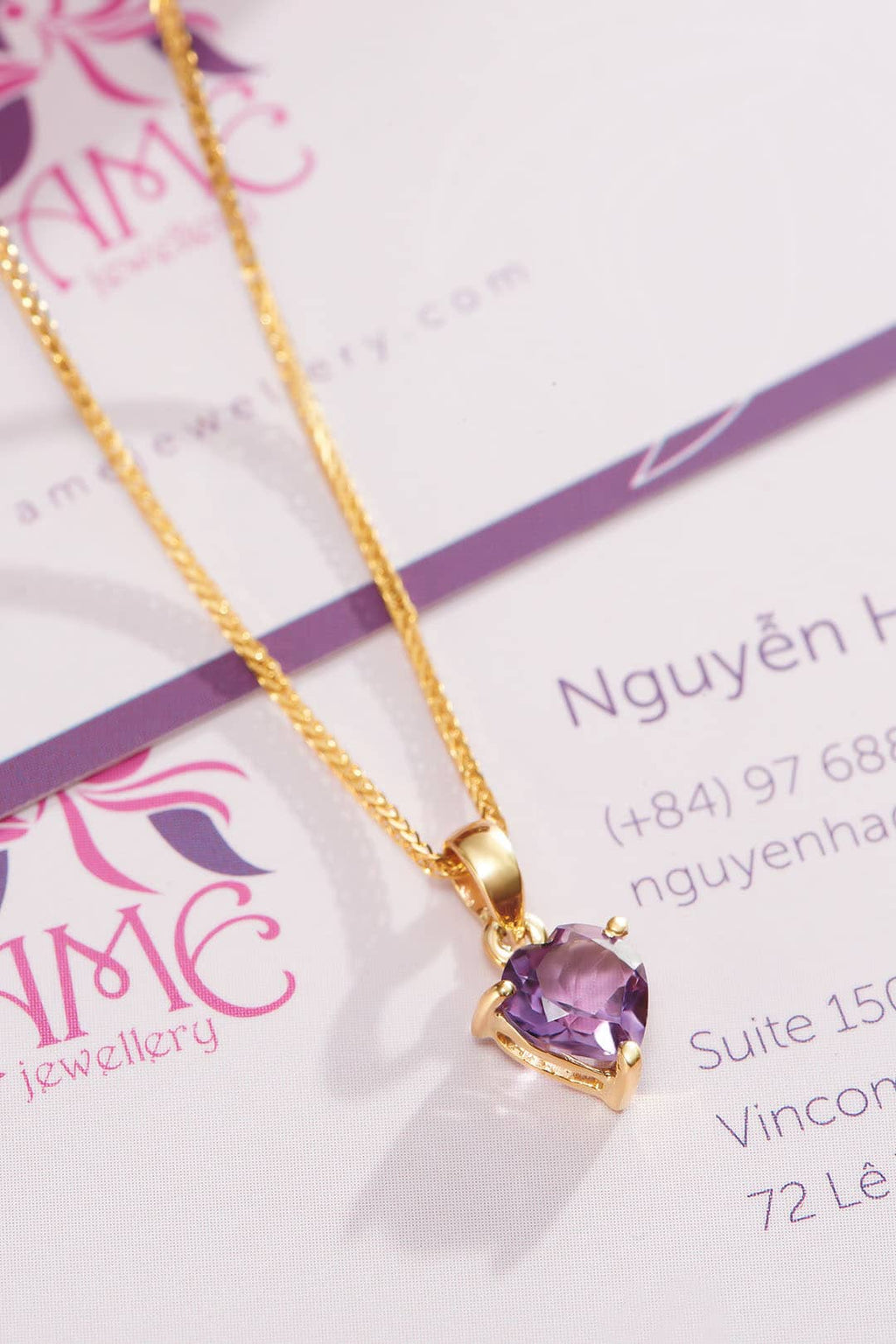 Mặt dây chuyền Vàng Đá quý thiên nhiên Heart-cut Amethyst Pendant Necklace 14K Yellow Gold by AME Jewellery