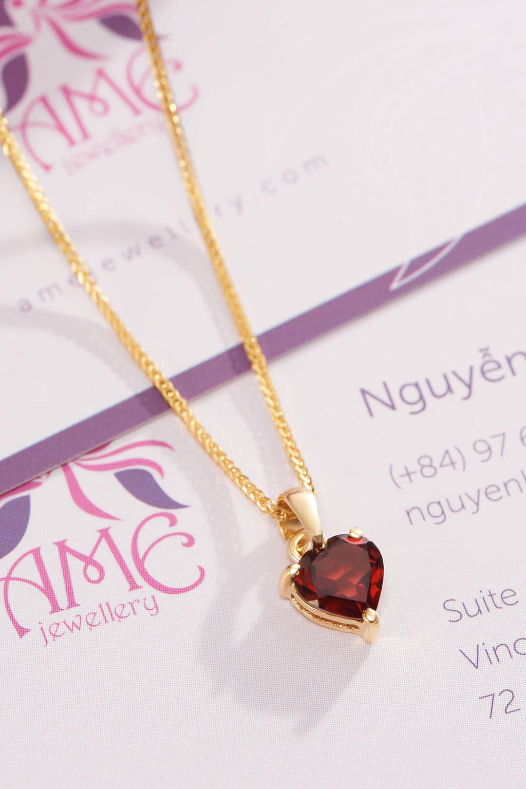 Mặt dây Trái tim Vàng Đá quý thiên nhiên Natural Heart-cut Red Garnet Pendant in 14K Yellow Gold by AME Jewellery