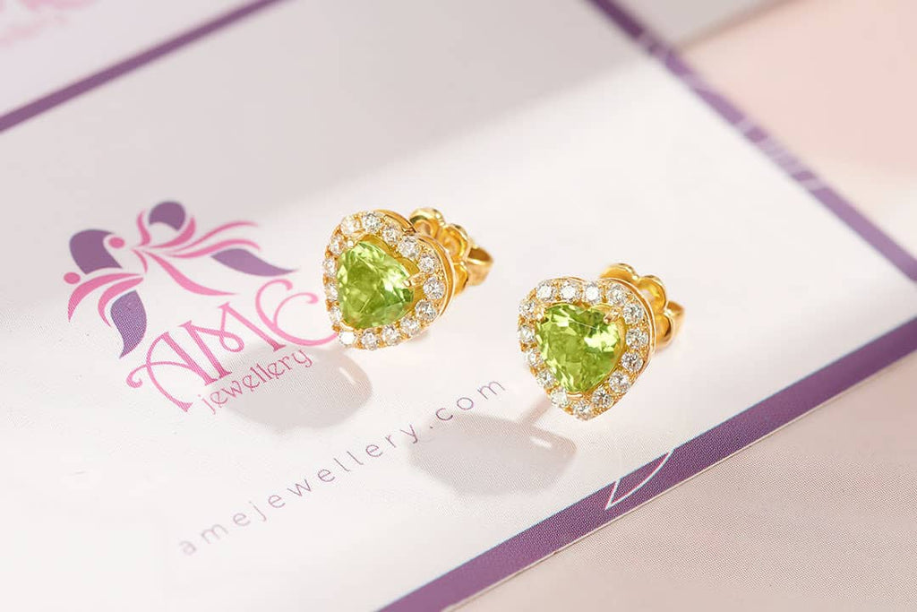 Bông tai Vàng Đá quý tự nhiên Heart Peridot Earrings in 14K Yellow Gold by AME Jewellery