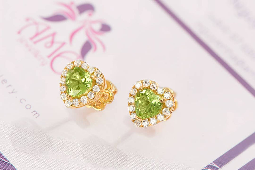 Bông tai Vàng Đá quý tự nhiên Heart Peridot Earrings in 14K Yellow Gold by AME Jewellery