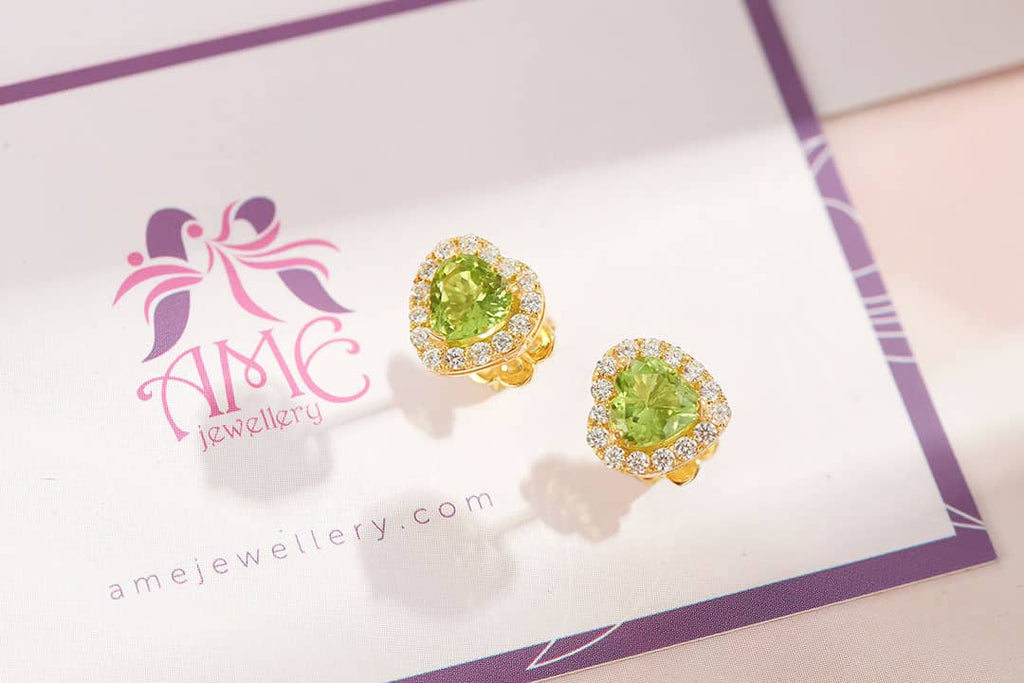 Bông tai Vàng Đá quý tự nhiên Heart Peridot Earrings in 14K Yellow Gold by AME Jewellery