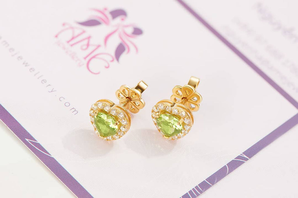 Bông tai Vàng Đá quý tự nhiên Heart Peridot Earrings in 14K Yellow Gold by AME Jewellery