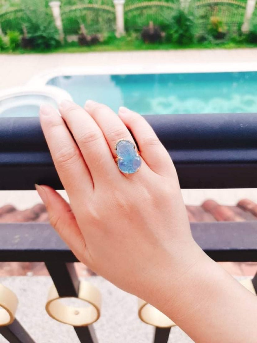 Nhẫn Vàng Tỳ hưu Đá quý thiên nhiên Natural Aquamarine Carved Pixiu Ring in 14K Yellow Gold by AME Jewellery