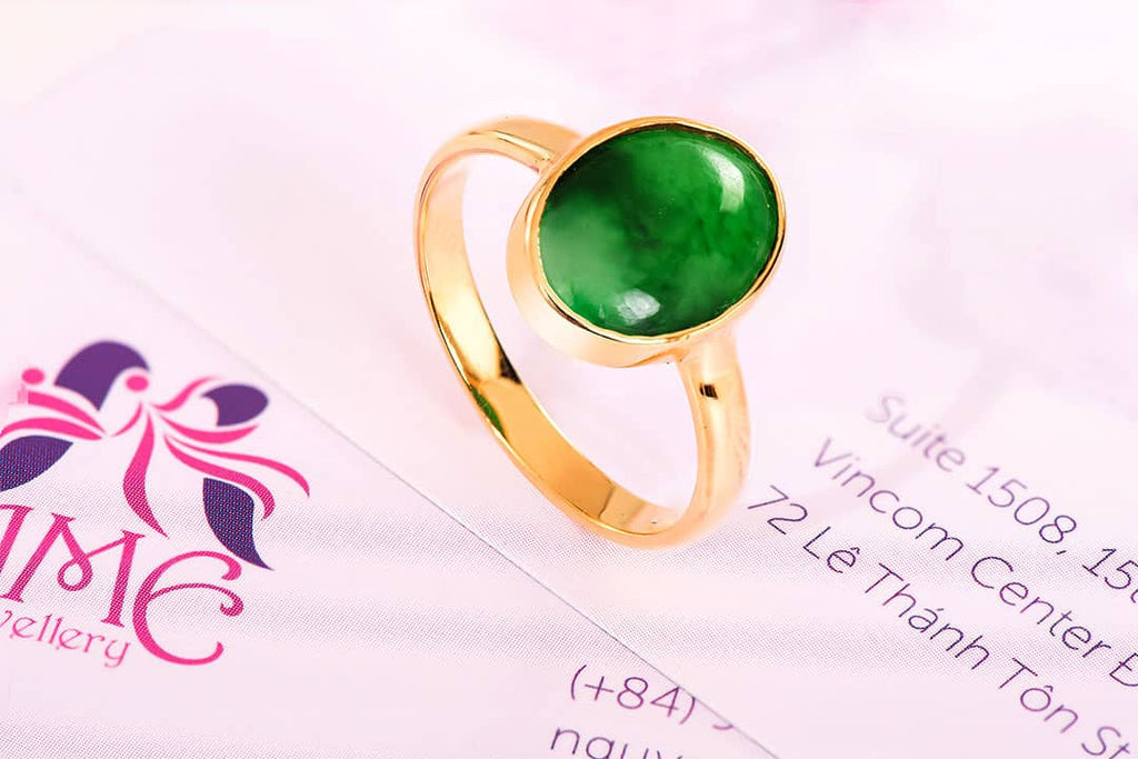 Nhẫn nữ Vàng Đá quý thiên nhiên Cẩm thạch Myanmar Jadeite Jade Bezel Ring in 14K Yellow Gold by AME Jewellery