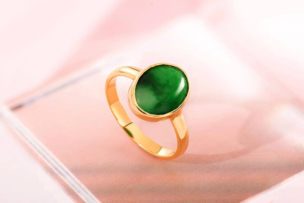 Nhẫn nữ Vàng Đá quý thiên nhiên Cẩm thạch Myanmar Jadeite Jade Bezel Ring in 14K Yellow Gold by AME Jewellery