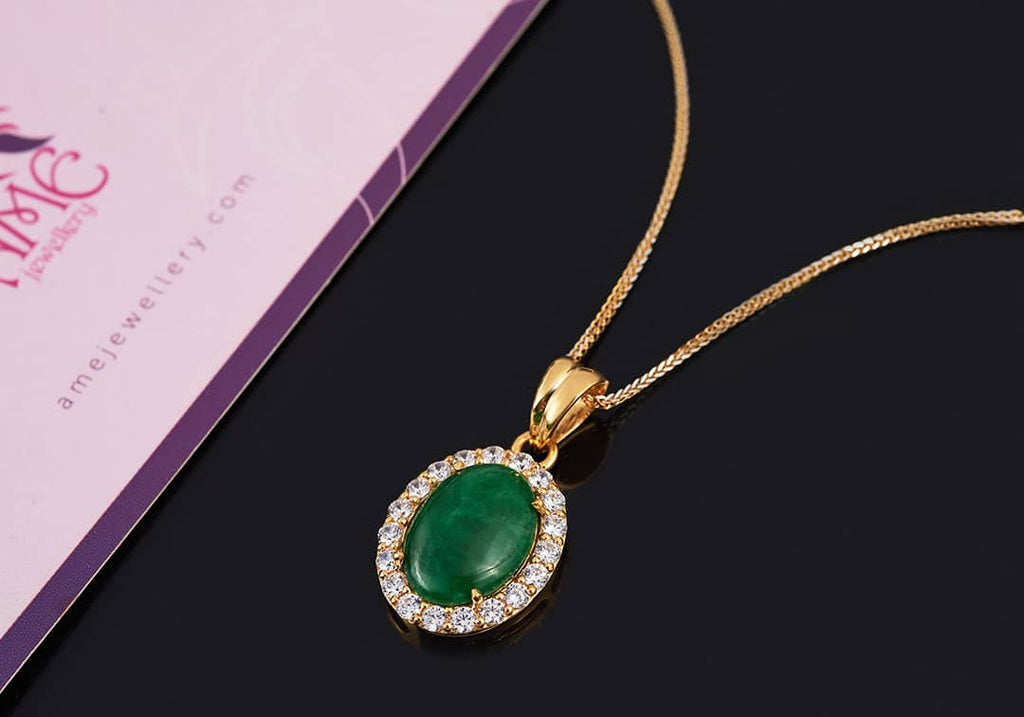 Mặt dây Vàng 14K Đá quý thiên nhiên Cẩm thạch Myanmar Jadeite Jade Pendant Necklace in 14K yellow Gold by AME Jewellery