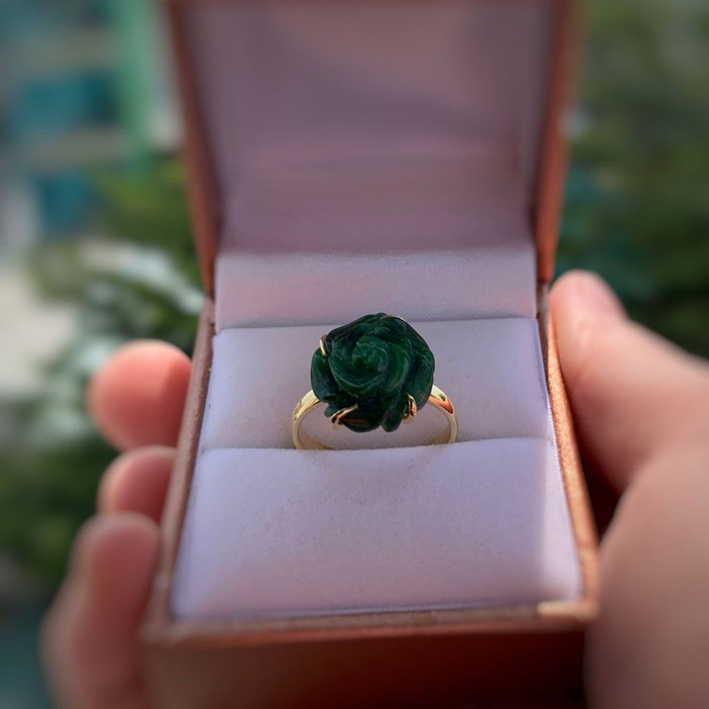 Nhẫn Hoa hồng Vàng 14K đá Cẩm thạch thiên nhiên Jade Gold Ring - AME Jewellery