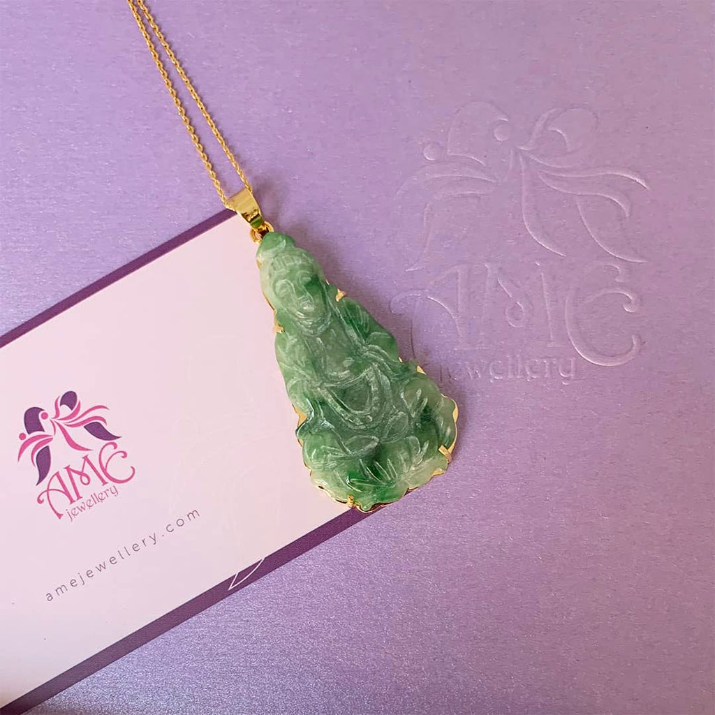 Mặt dây Cẩm thạch Phật Bà Quan Âm | Burmese Natural Jadeite Jade Guanyin Buddha Gold Pendant | AME Jewellery