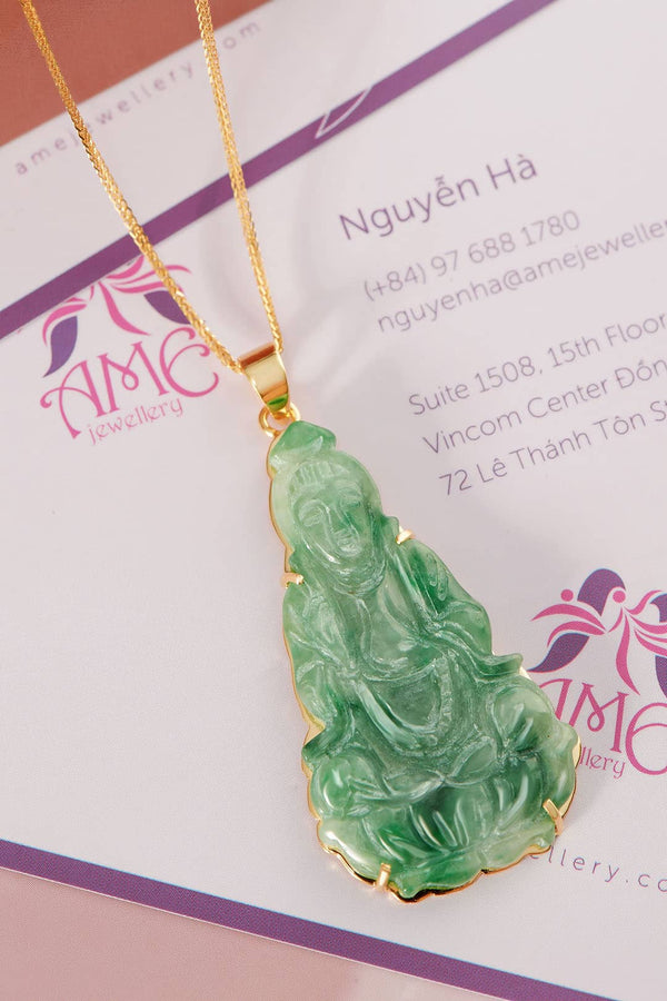Mặt dây Cẩm thạch Phật Bà Quan Âm | Burmese Natural Jadeite Jade Guanyin Buddha Gold Pendant | AME Jewellery
