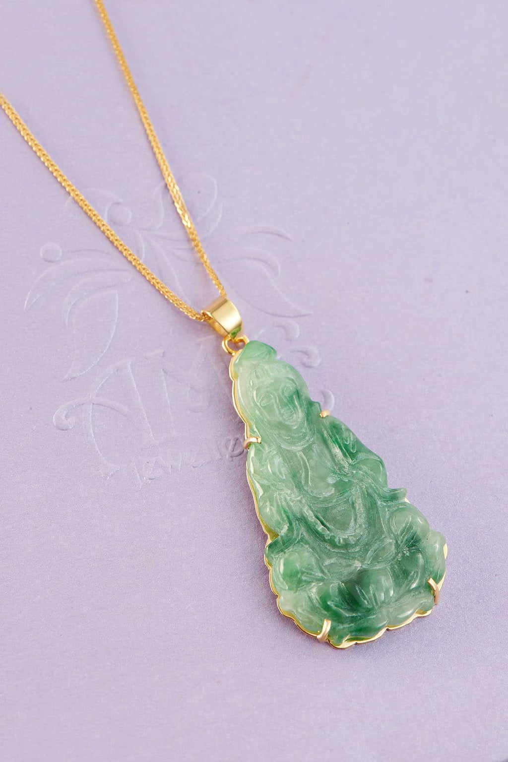 Mặt dây Cẩm thạch Phật Bà Quan Âm | Burmese Natural Jadeite Jade Guanyin Buddha Gold Pendant | AME Jewellery