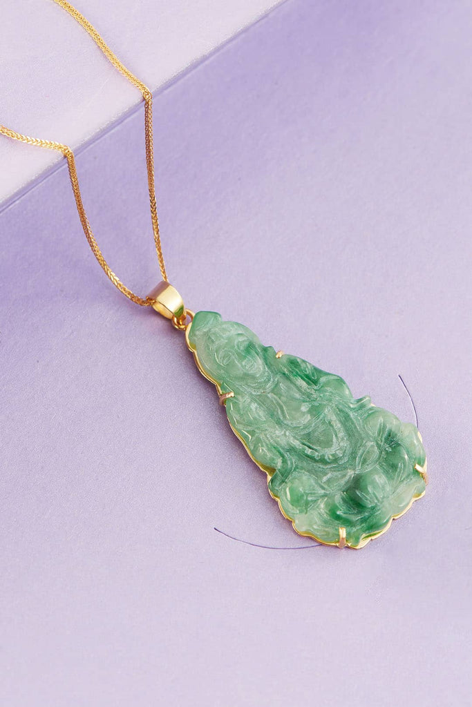 Pendentif Bouddha Guanyin En Jade Vert Clair Naturel - Sculpté à La Main - Translucide - Neuf