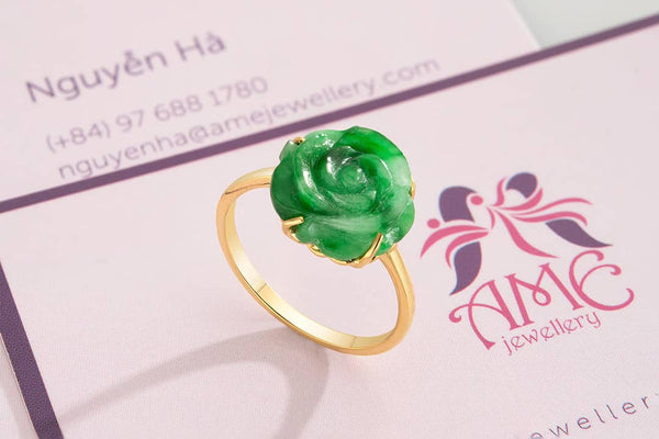Nhẫn Hoa hồng Vàng 14K đá Cẩm thạch thiên nhiên | Jadeite Jade Rose Flower Gold Ring | AME Jewellery
