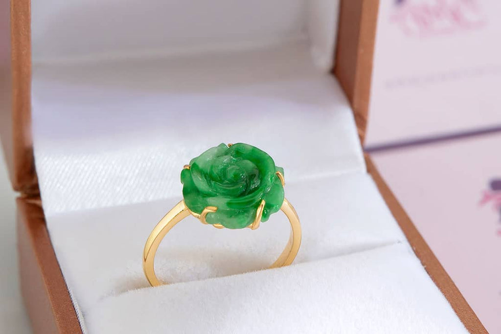 Nhẫn Hoa hồng Vàng 14K đá Cẩm thạch thiên nhiên | Jadeite Jade Rose Flower Gold Ring | AME Jewellery