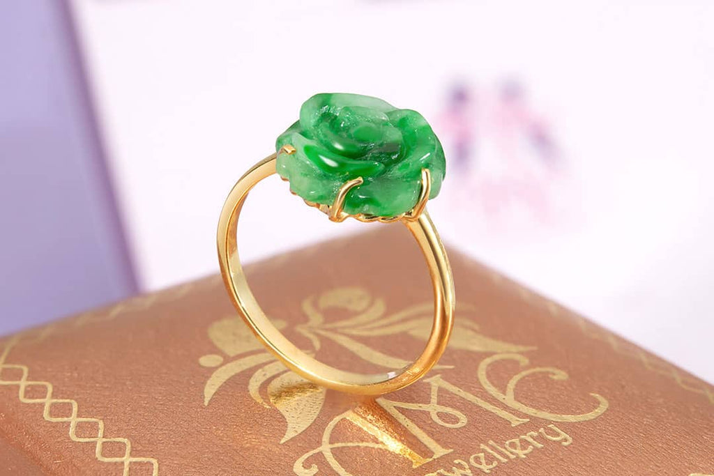 Nhẫn Hoa hồng Vàng 14K đá Cẩm thạch thiên nhiên | Jadeite Jade Rose Flower Gold Ring | AME Jewellery