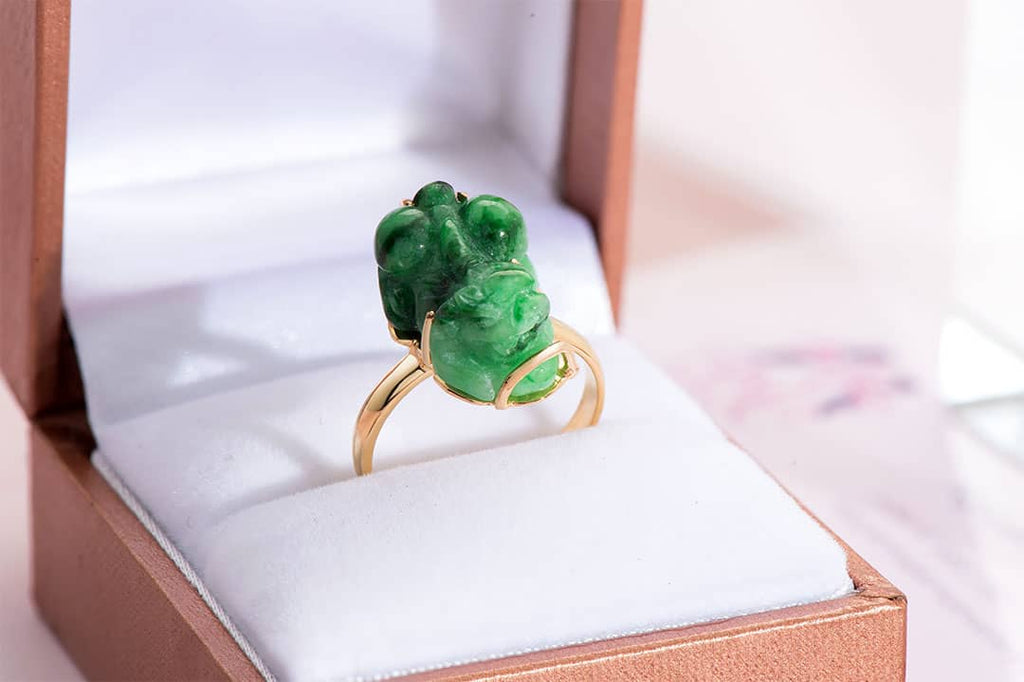 Nhẫn Vàng 14K Tỳ hưu đá Cẩm thạch thiên nhiên | Carved Pixiu Jadeite Jade Gold Ring | AME Jewellery