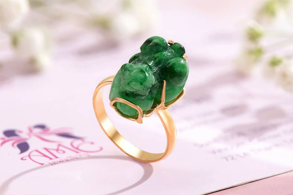 Nhẫn Vàng 14K Tỳ hưu đá Cẩm thạch thiên nhiên | Carved Pixiu Jadeite Jade Gold Ring | AME Jewellery