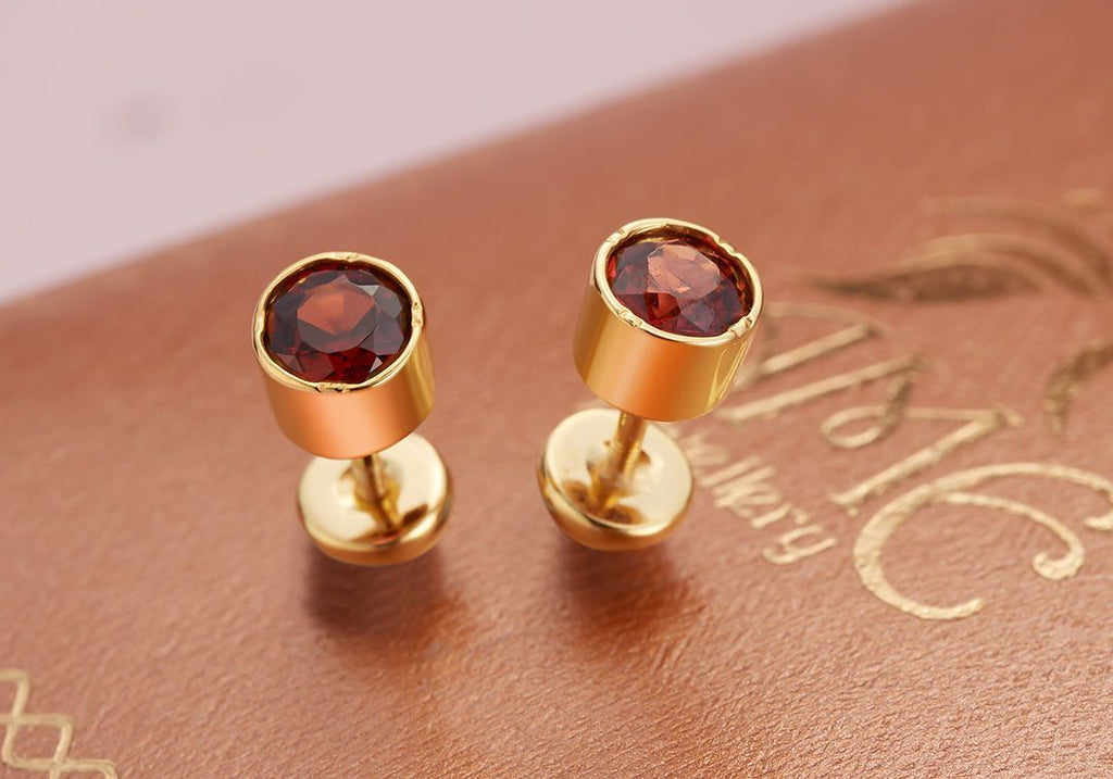 Khuyên tai Nam Vàng 14K Đá quý tự nhiên Garnet Yellow Gold Earrings for Men