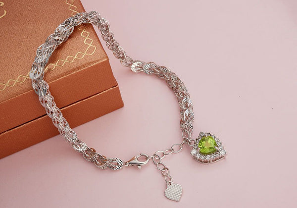 Lắc tay Đá quý thiên nhiên Heart-cut Peridot Silver Bracelet - AME Jewellery