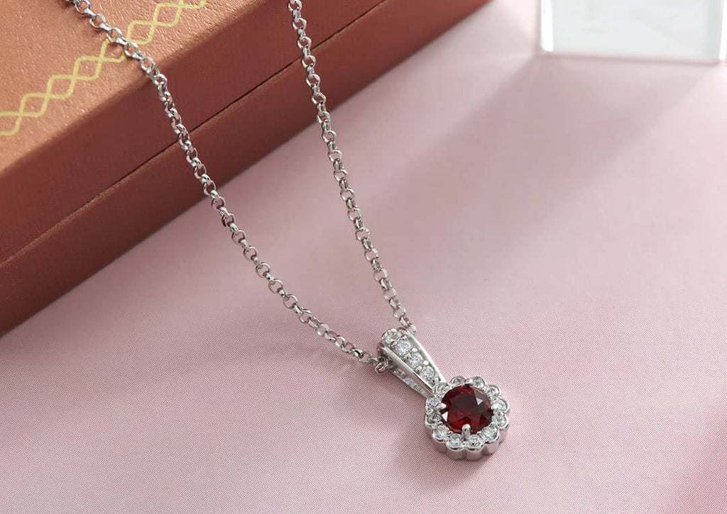 Mặt dây chuyền Đá quý tự nhiên Red Garnet Halo Pendant in Sterling Silver by AME Jewellery