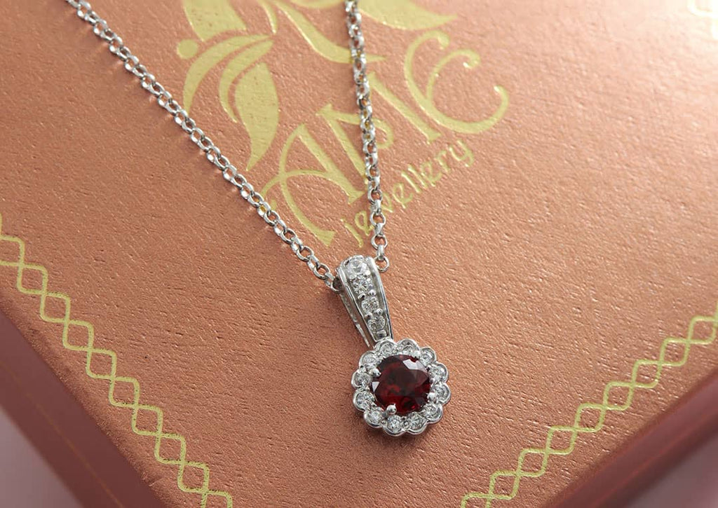 Mặt dây chuyền Đá quý tự nhiên Red Garnet Halo Pendant in Sterling Silver by AME Jewellery