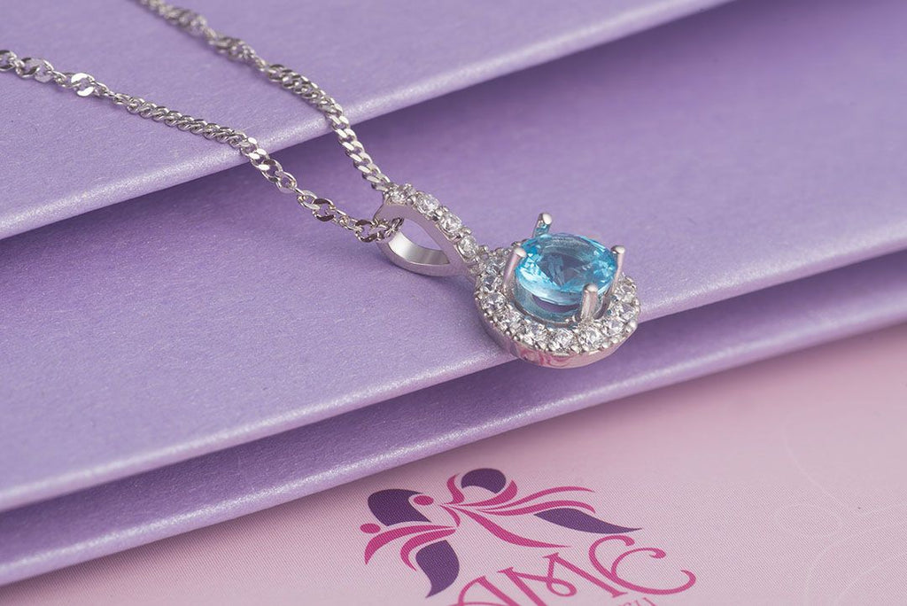 Mặt dây chuyền Đá quý tự nhiên Blue Topaz Pendant Necklace in Sterling Silver by AME Jewellery