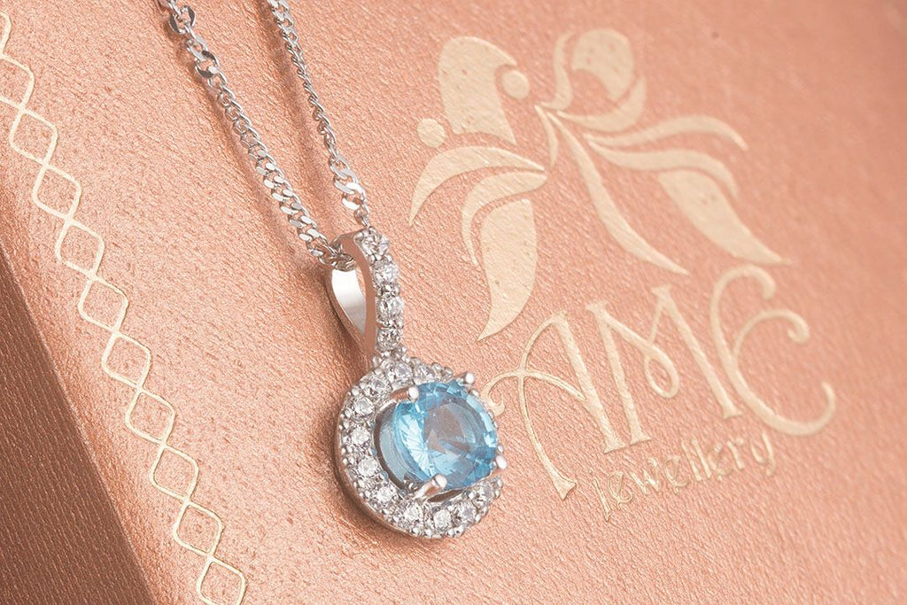 Mặt dây chuyền Đá quý tự nhiên Blue Topaz Pendant Necklace in Sterling Silver by AME Jewellery