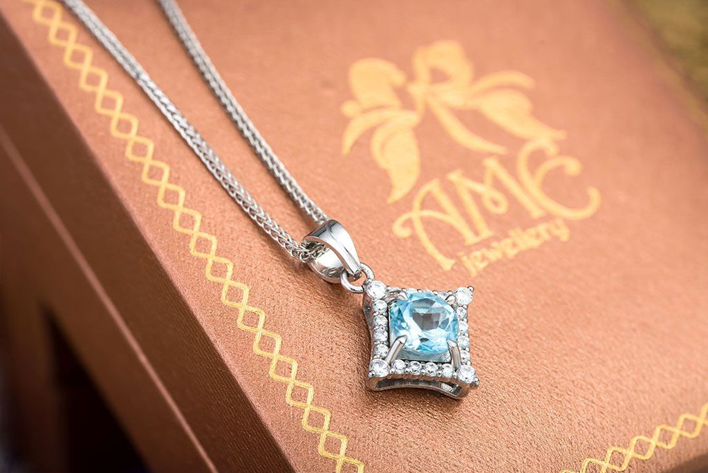 Mặt dây chuyền Đá quý tự nhiên Swiss Blue Topaz Pendant Necklace in Steling Silver by AME Jewellery