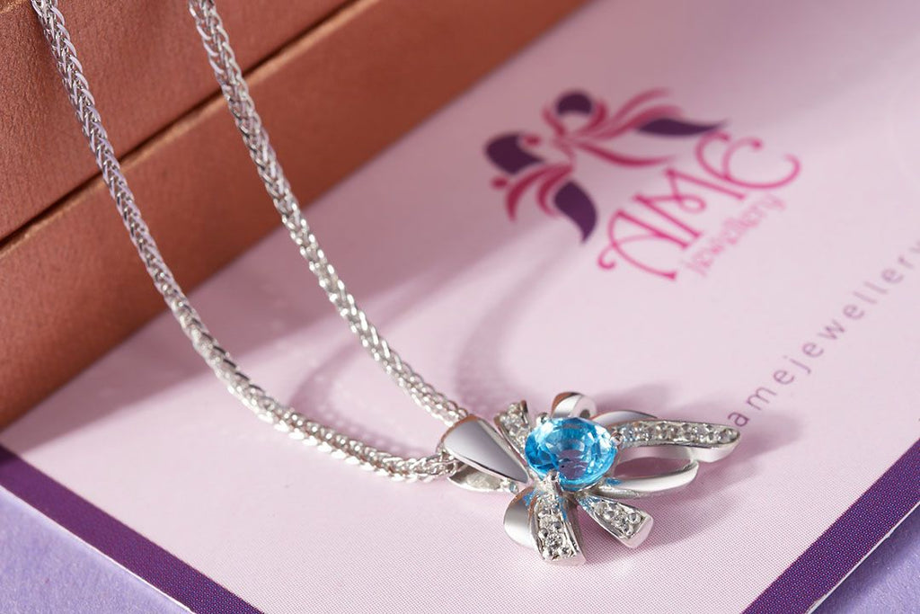 Mặt dây Đá quý tự nhiên Blue Topaz Bow Pendant Necklace - AME Jewellery