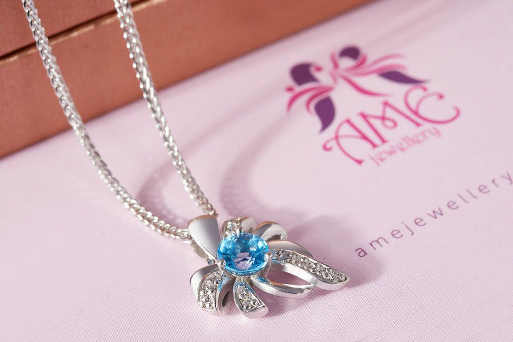 Mặt dây Đá quý tự nhiên Blue Topaz Bow Pendant Necklace in Sterling Silver by AME Jewellery