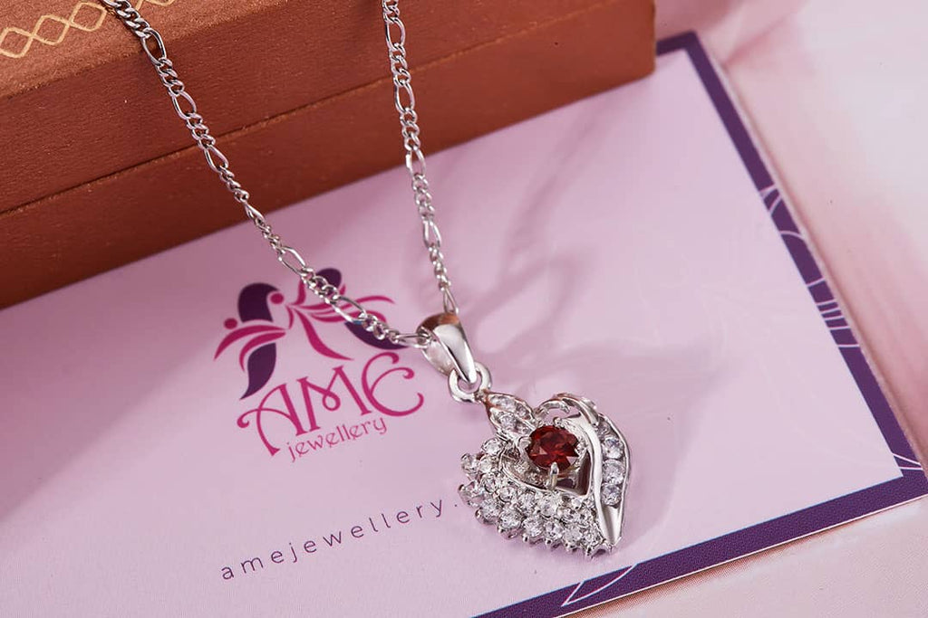 Mặt dây chuyền Đá quý thiên nhiên Natural Red Garnet Heart Pendant in Sterling Silver by AME Jewellery