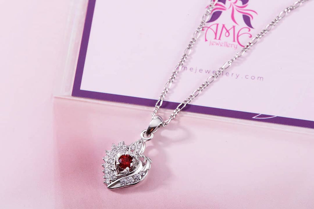 Mặt dây chuyền Đá quý thiên nhiên Natural Red Garnet Heart Pendant in Sterling Silver by AME Jewellery