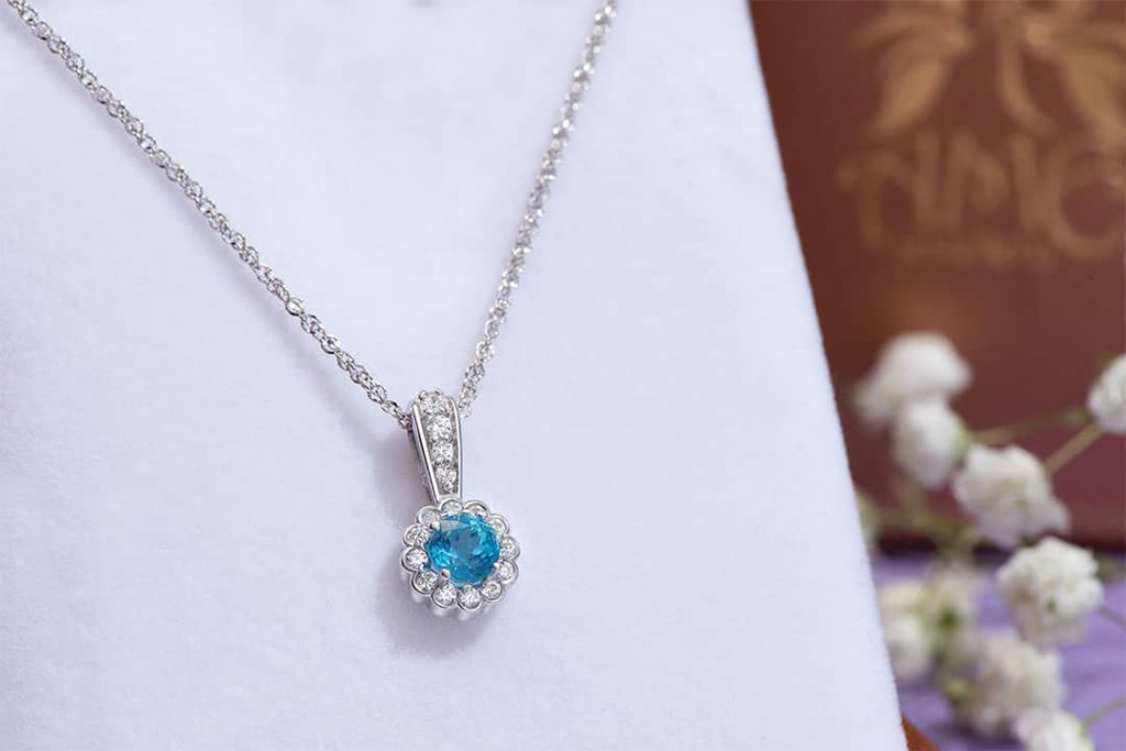 Mặt dây Đá quý tự nhiên Blue Topaz Halo Pendant Necklace in Sterling Silver by AME Jewellery