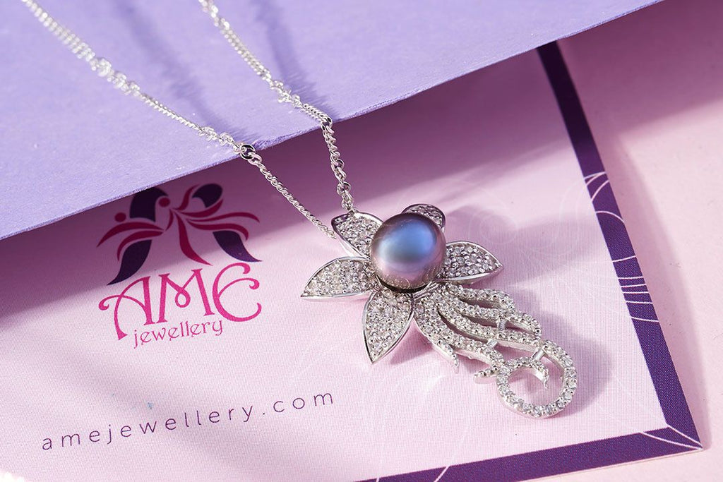 Mặt dây chuyền Ngọc trai Aubergine Freshwater Pearl Flower Pendant Necklace by AME Jewellery