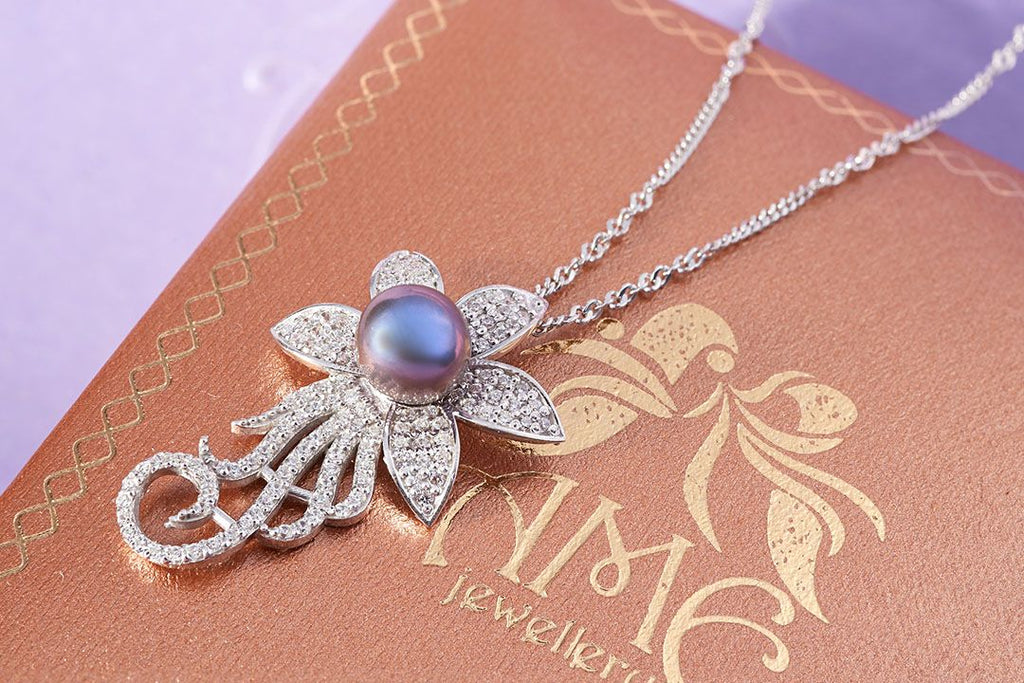 Mặt dây chuyền Ngọc trai Aubergine Freshwater Pearl Flower Pendant Necklace by AME Jewellery