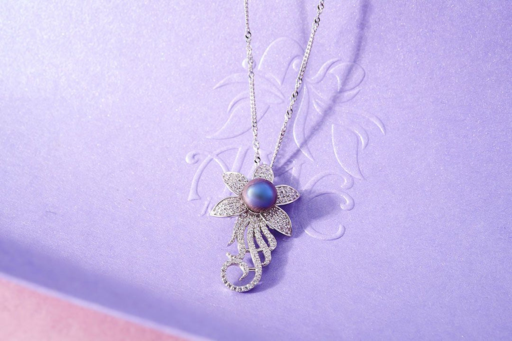 Mặt dây chuyền Ngọc trai Aubergine Freshwater Pearl Flower Pendant Necklace by AME Jewellery