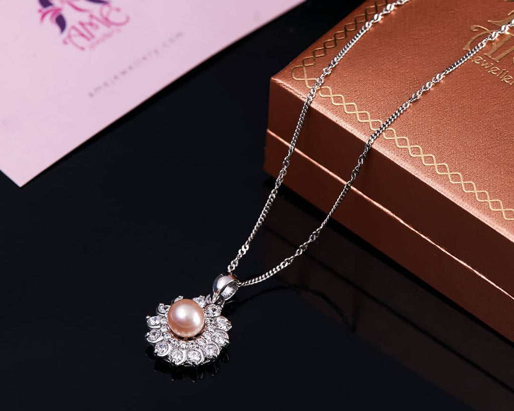 Mặt dây Ngọc trai màu hồng Pink Pearl Flower Pendant Necklace by AME Jewellery 