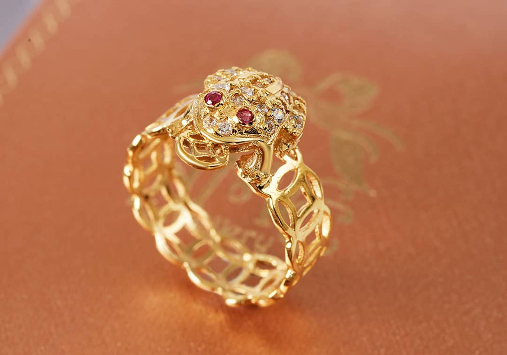 Nhẫn Vàng Cóc ngậm tiền Thiềm Thừ | Lucky Frog, Green Money Frog - Three Legged Wealth Frog or Money Toad Gold Ring | AME Jewellery