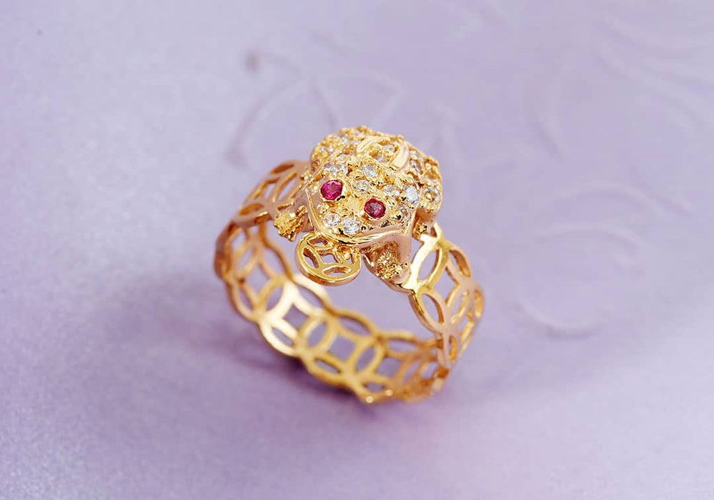 Nhẫn Vàng Cóc ngậm tiền Thiềm Thừ | Lucky Frog, Green Money Frog - Three Legged Wealth Frog or Money Toad Gold Ring | AME Jewellery