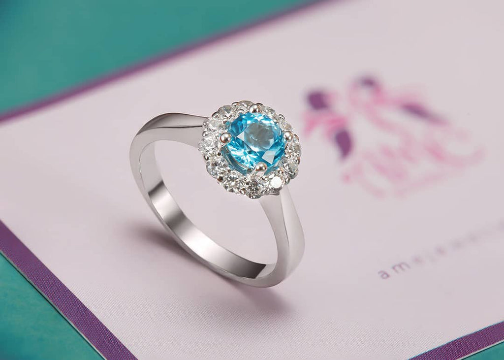 Nhẫn nữ Đá quý tự nhiên Blue Topaz Halo Ring in Sterling Silver by AME Jewellery