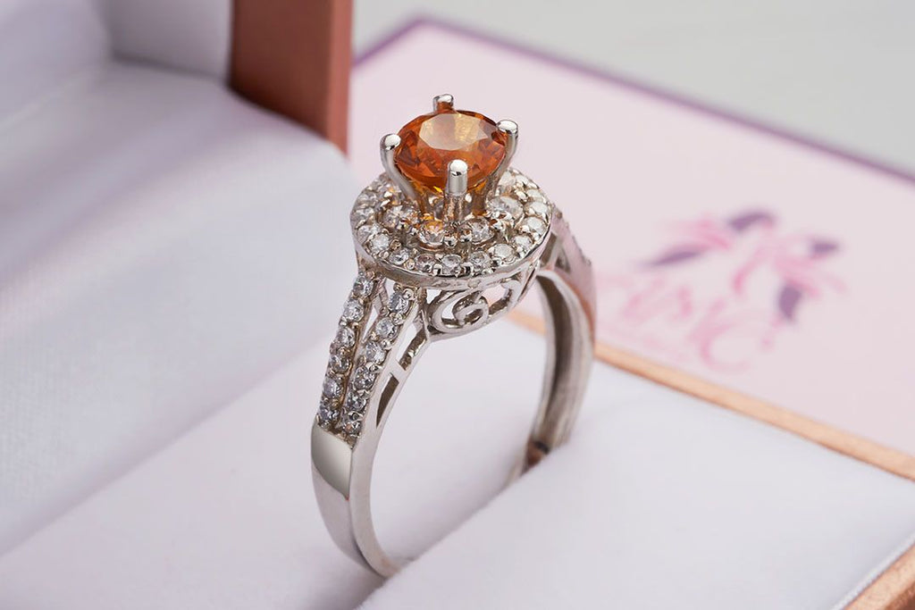 Nhẫn nữ Đá quý tự nhiên Citrine Double Halo Ring in Sterling Silver by AME Jewellery