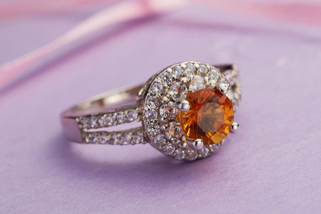 Nhẫn nữ Đá quý tự nhiên Citrine Double Halo Ring in Sterling Silver by AME Jewellery