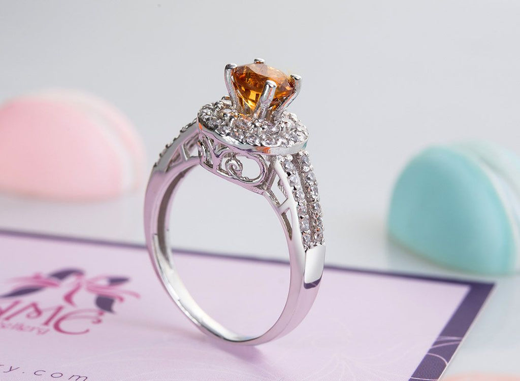 Nhẫn nữ Đá quý tự nhiên Citrine Double Halo Ring in Sterling Silver by AME Jewellery