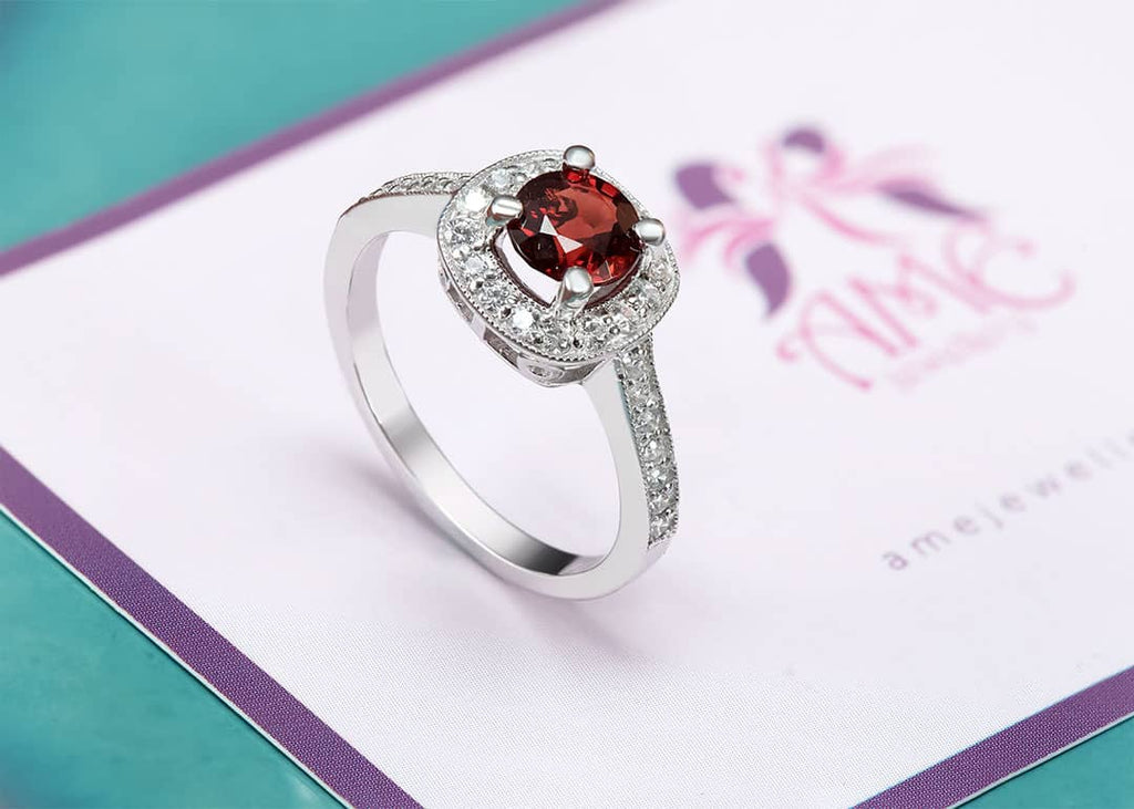 Nhẫn nữ Đá quý tự nhiên Red Garnet square halo ring in sterling silver by AME Jewellery