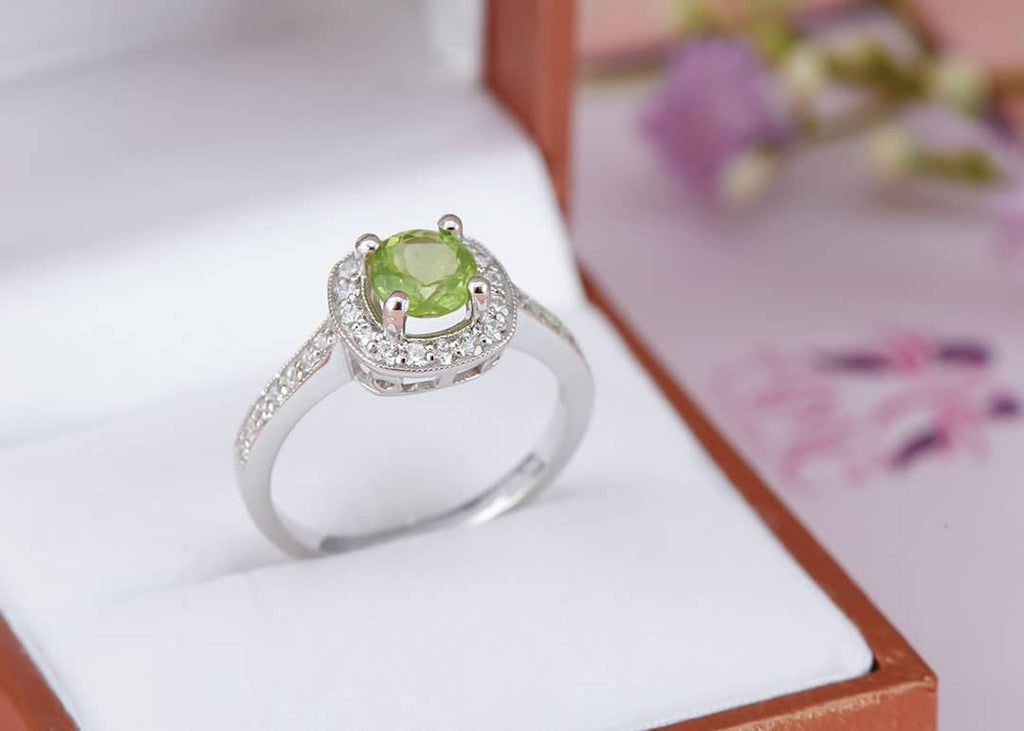 Nhẫn nữ Bạc cao cấp Đá quý tự nhiên Peridot Square Halo Ring in Sterling Silver by AME Jewellery