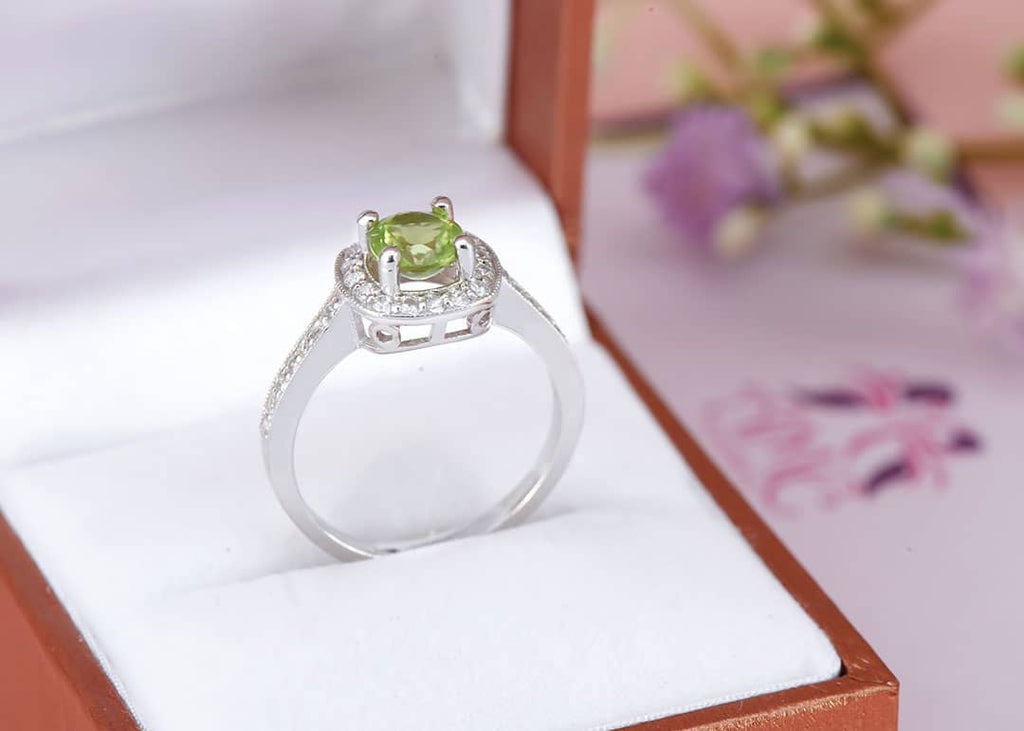 Nhẫn nữ Bạc cao cấp Đá quý tự nhiên Peridot Square Halo Ring in Sterling Silver by AME Jewellery