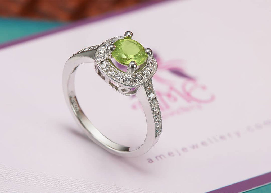 Nhẫn nữ Bạc cao cấp Đá quý tự nhiên Peridot Square Halo Ring in Sterling Silver by AME Jewellery